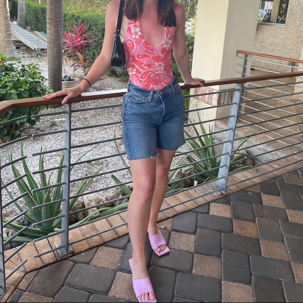 High Rise Wide Bermuda Denim Shorts
